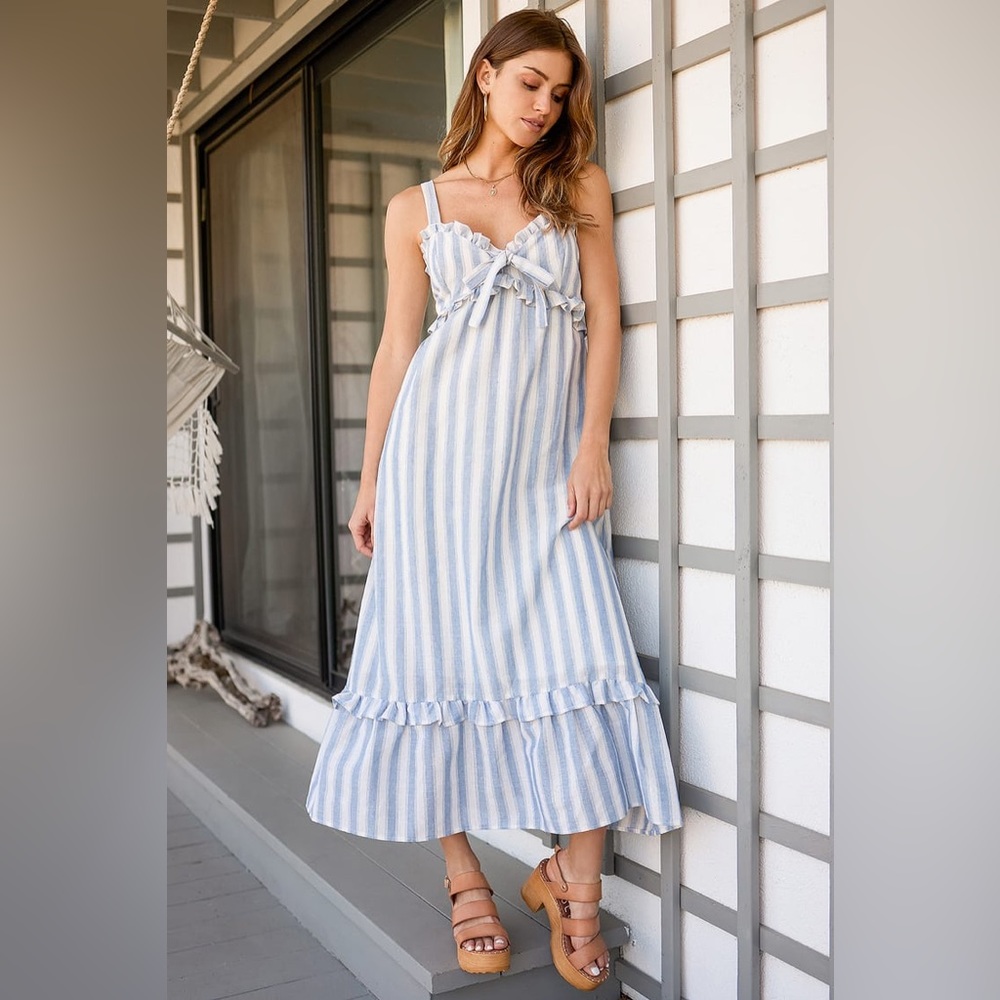 Lulu’s Blue and White Striped Ruffled Midi Dress